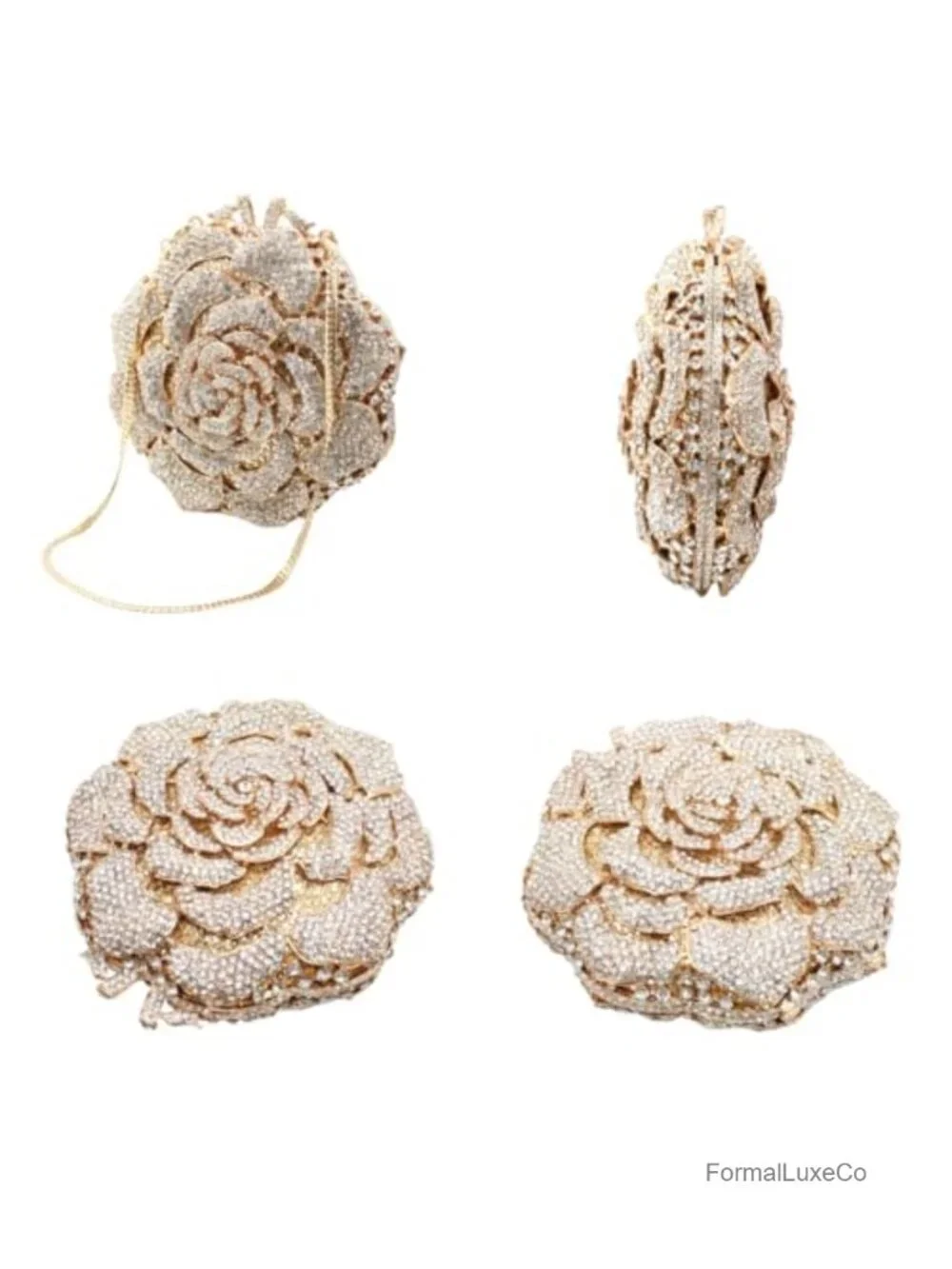 Rhinestone Rose Flower Clutch Bag Evening Purse with Detachable Chain
